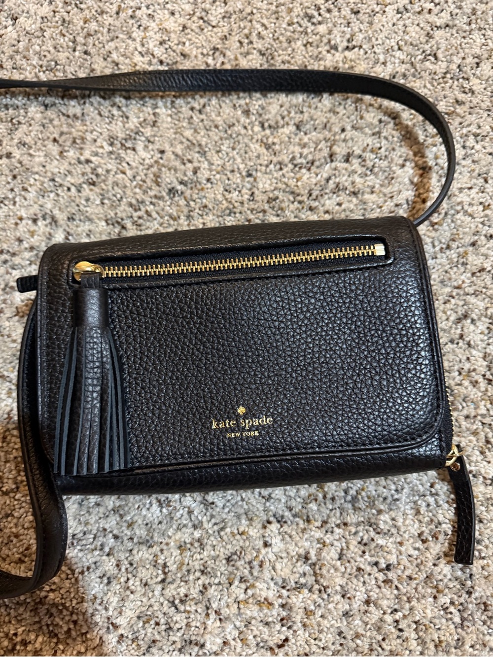 kate spade black pebbled leather crossbody with tassel